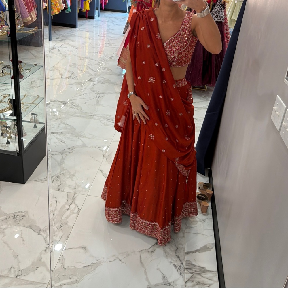 Embellished Rust Red Lehenga Skirt with Matching Draped Dupatta